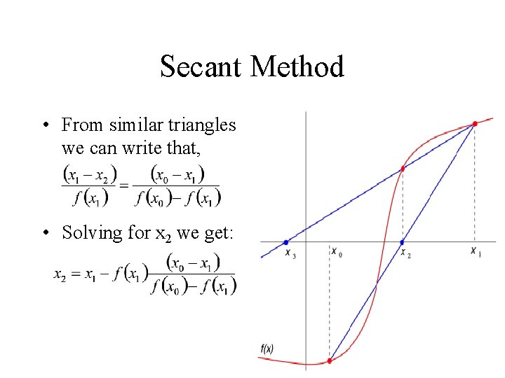 Secant Method • From similar triangles we can write that, • Solving for x