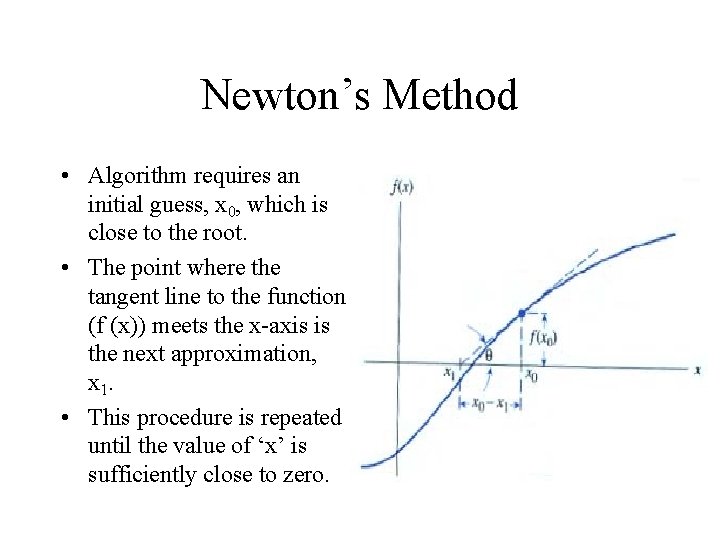 Newton’s Method • Algorithm requires an initial guess, x 0, which is close to