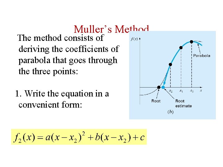 Muller’s Method The method consists of deriving the coefficients of parabola that goes through