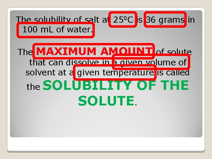 The solubility of salt at 250 C is 36 grams in 100 m. L