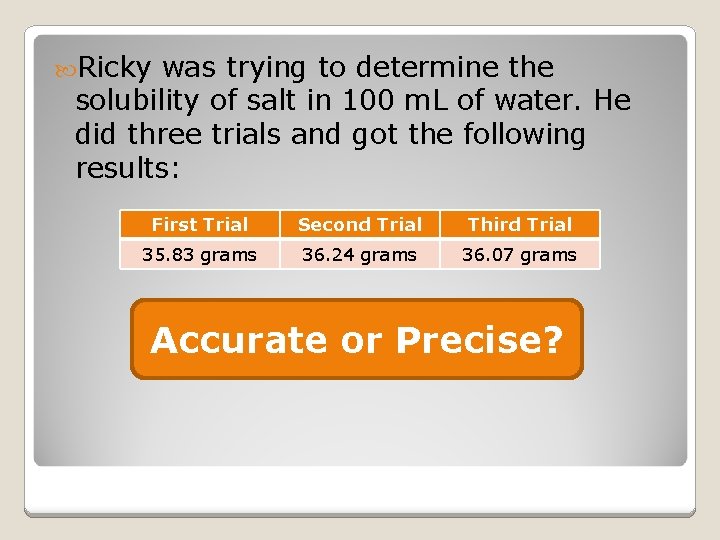  Ricky was trying to determine the solubility of salt in 100 m. L