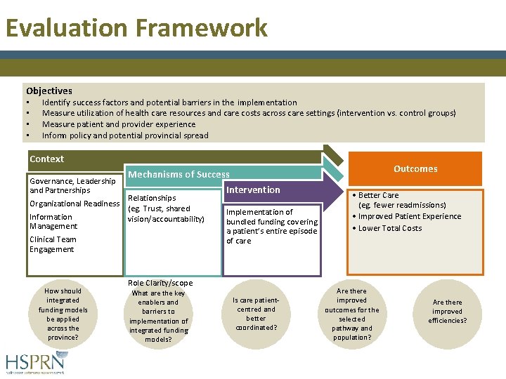 Evaluation Framework Objectives • • Identify success factors and potential barriers in the implementation Evaluation Framework Objectives • • Identify success factors and potential barriers in the implementation