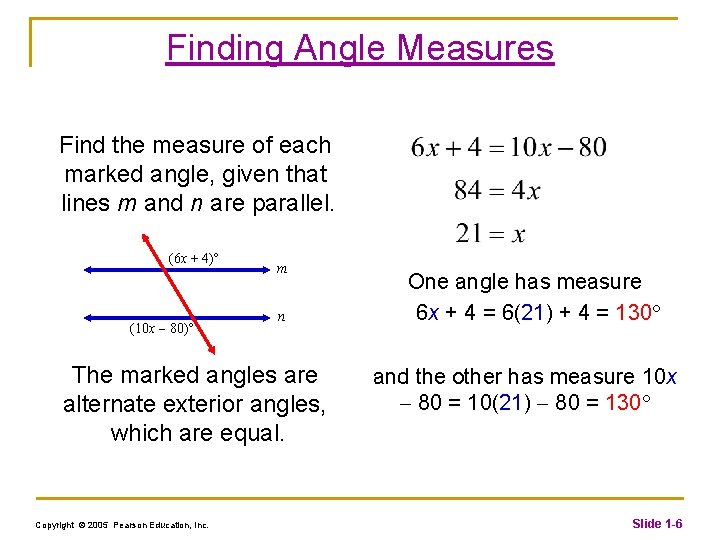 Finding Angle Measures Find the measure of each marked angle, given that lines m