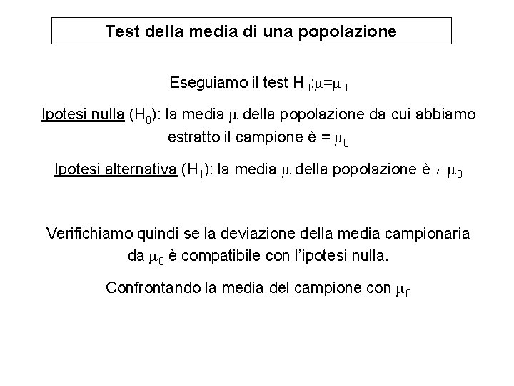 Test della media di una popolazione Eseguiamo il test H 0: = 0 Ipotesi Test della media di una popolazione Eseguiamo il test H 0: = 0 Ipotesi
