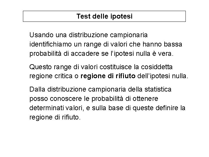 Test delle ipotesi Usando una distribuzione campionaria identifichiamo un range di valori che hanno Test delle ipotesi Usando una distribuzione campionaria identifichiamo un range di valori che hanno