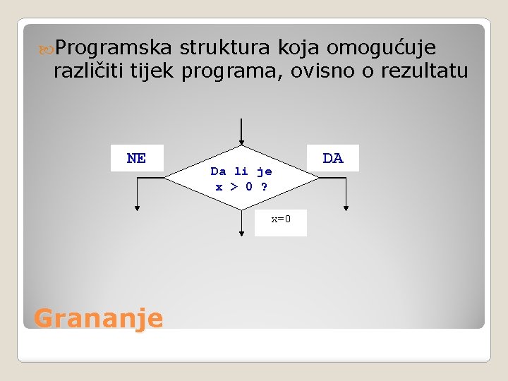  Programska struktura koja omogućuje različiti tijek programa, ovisno o rezultatu NE Da li