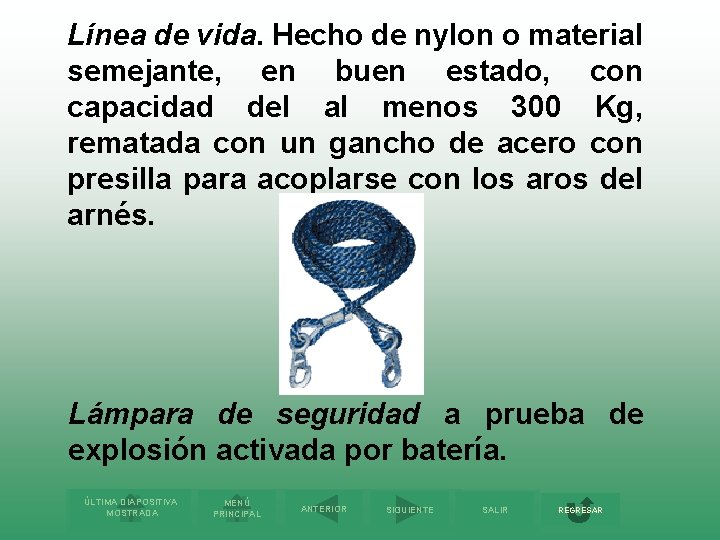 Línea de vida. Hecho de nylon o material semejante, en buen estado, con capacidad