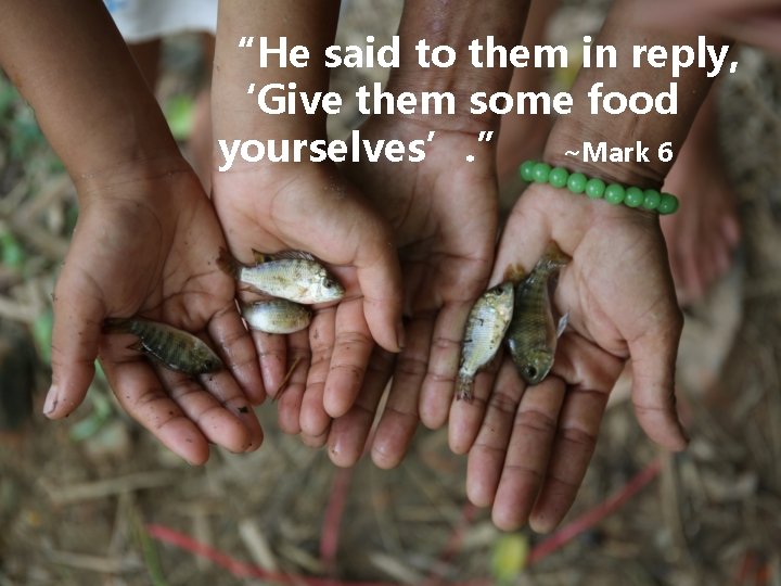 “He said to them in reply, ‘Give them some food yourselves’. ” ~Mark 6