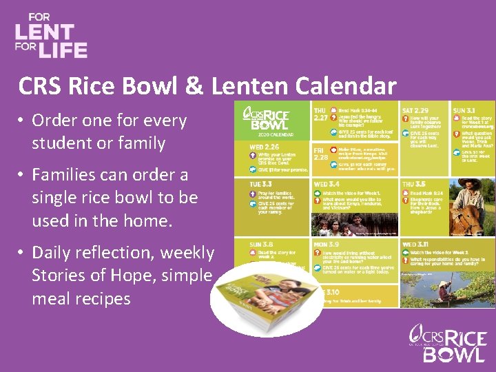 CRS Rice Bowl & Lenten Calendar • Order one for every student or family