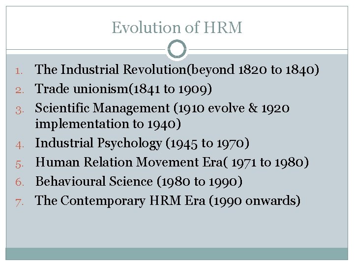 Evolution of HRM 1. 2. 3. 4. 5. 6. 7. The Industrial Revolution(beyond 1820