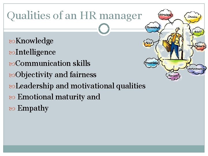 Qualities of an HR manager Knowledge Intelligence Communication skills Objectivity and fairness Leadership and