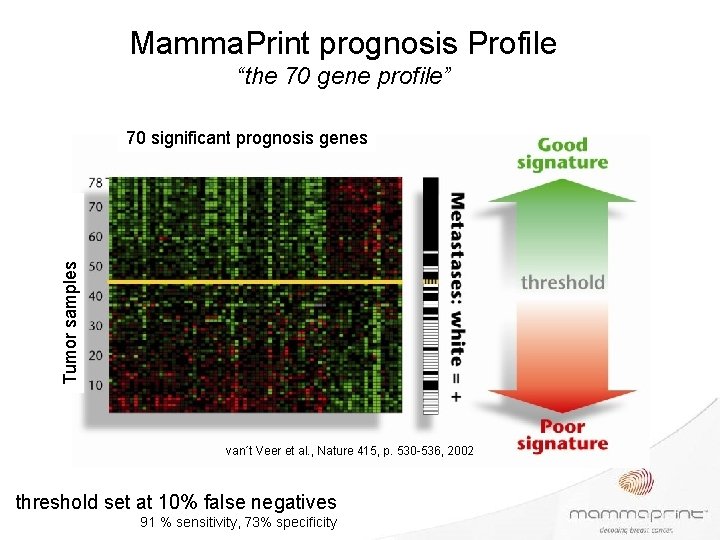 Mamma. Print prognosis Profile “the 70 gene profile” Tumor samples 70 significant prognosis genes