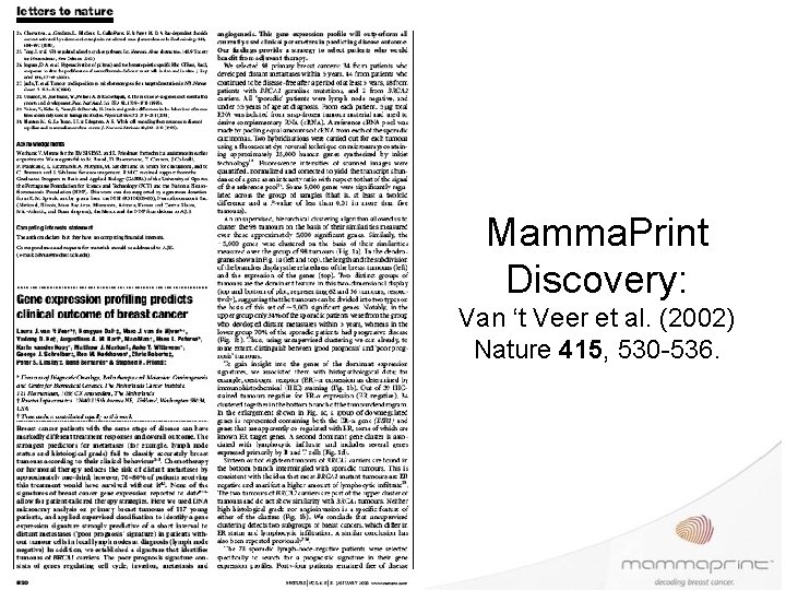 Mamma. Print Discovery: Van ‘t Veer et al. (2002) Nature 415, 530 -536. 