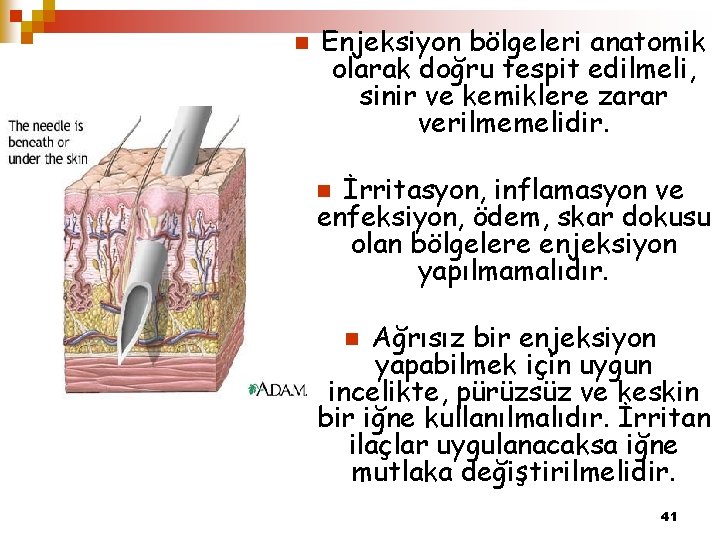 n Enjeksiyon bölgeleri anatomik olarak doğru tespit edilmeli, sinir ve kemiklere zarar verilmemelidir. İrritasyon,