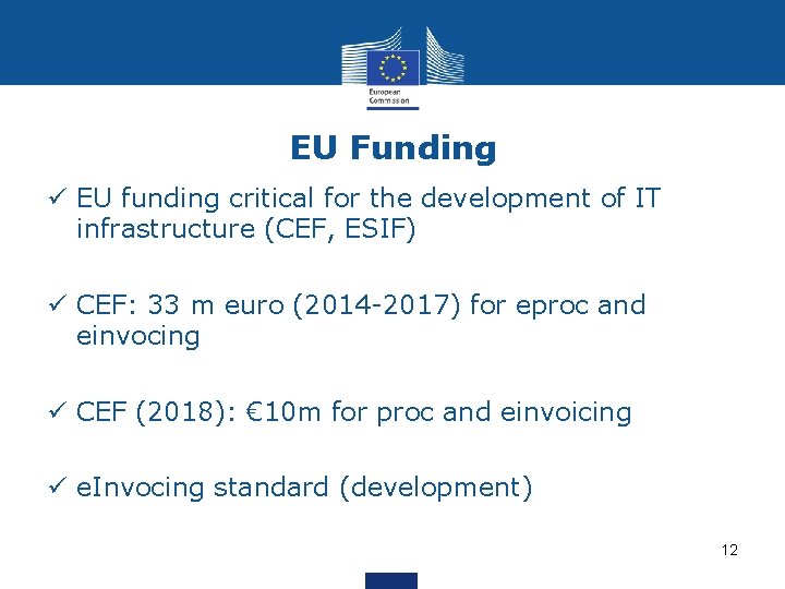 EU Funding ü EU funding critical for the development of IT infrastructure (CEF, ESIF)