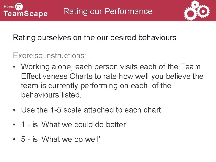 Rating our Performance Rating ourselves on the our desired behaviours Exercise instructions: • Working
