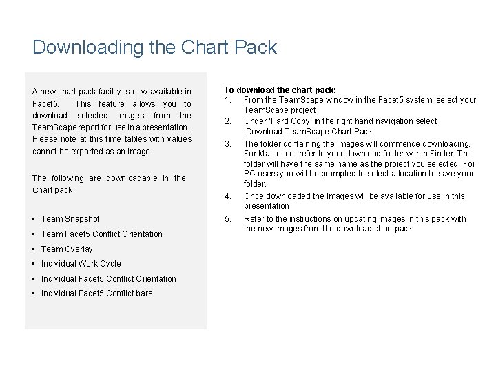 Downloading the Chart Pack A new chart pack facility is now available in Facet