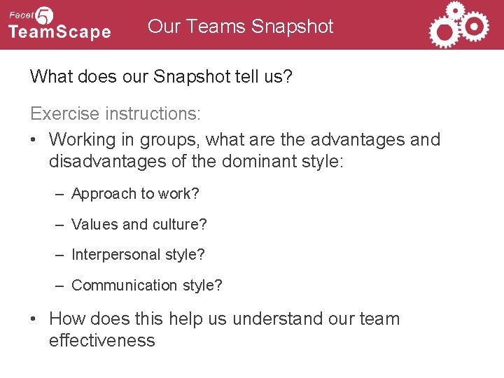 Our Teams Snapshot What does our Snapshot tell us? Exercise instructions: • Working in