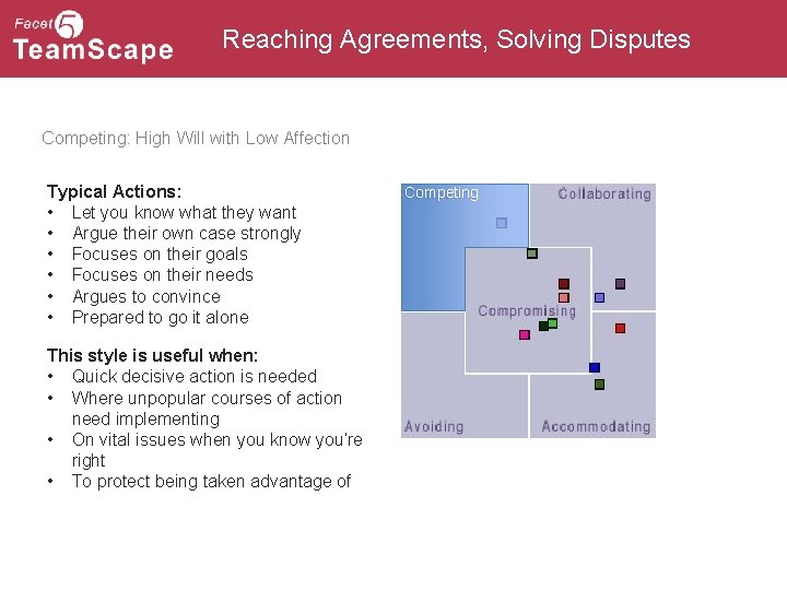 Reaching Agreements, Solving Disputes Competing: High Will with Low Affection Typical Actions: • Let