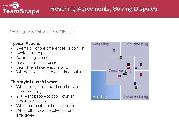 Reaching Agreements, Solving Disputes Avoiding: Low Will with Low Affection Typical Actions: • Seems
