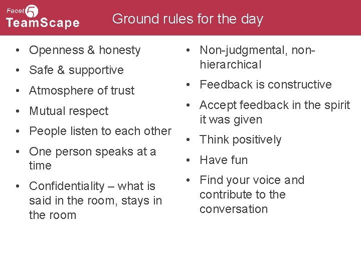 Ground rules for the day • Safe & supportive • Non-judgmental, nonhierarchical • Atmosphere