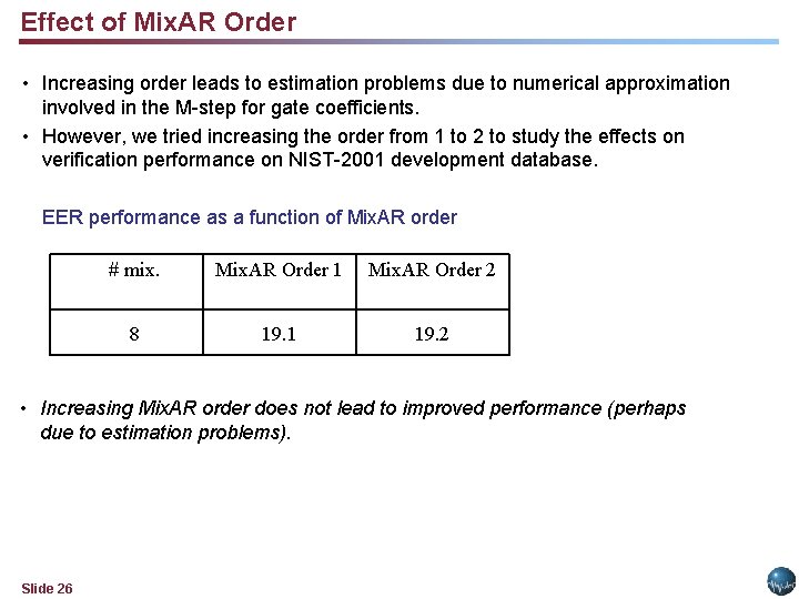 Effect of Mix. AR Order • Increasing order leads to estimation problems due to