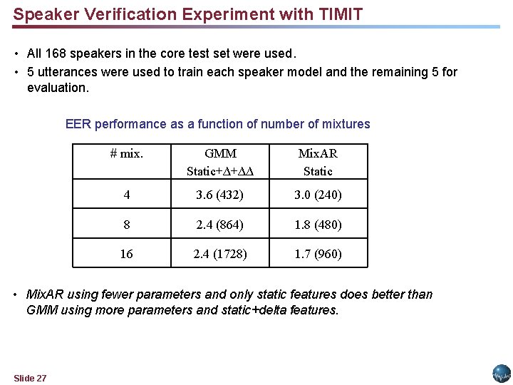 Speaker Verification Experiment with TIMIT • All 168 speakers in the core test set