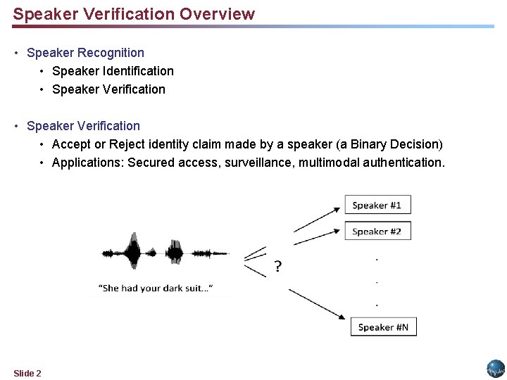 Speaker Verification Overview • Speaker Recognition • Speaker Identification • Speaker Verification • Accept