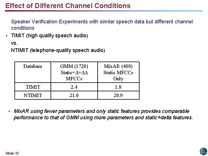 Effect of Different Channel Conditions Speaker Verification Experiments with similar speech data but different