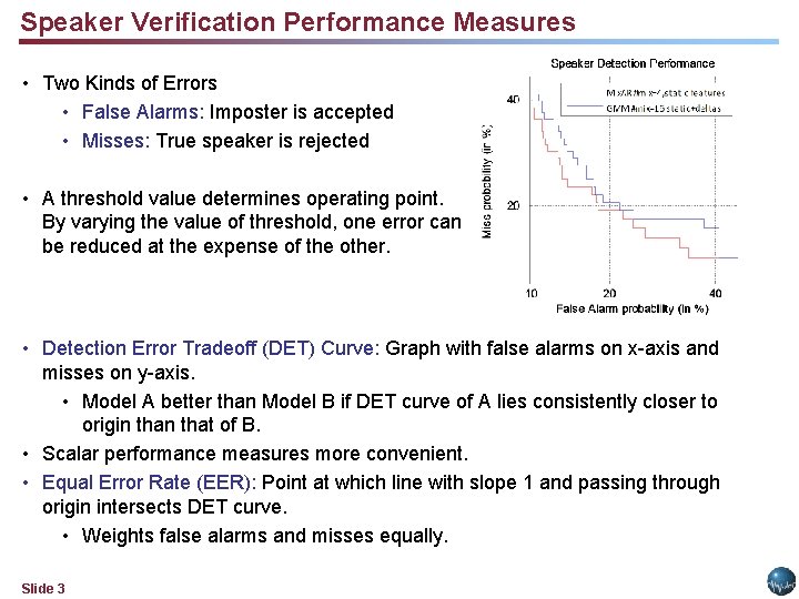 Speaker Verification Performance Measures • Two Kinds of Errors • False Alarms: Imposter is