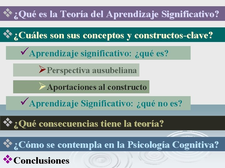 v¿Qué es la Teoría del Aprendizaje Significativo? v¿Cuáles son sus conceptos y constructos-clave? üAprendizaje