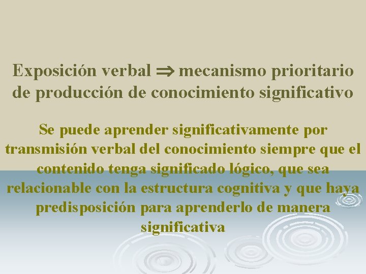 Exposición verbal mecanismo prioritario de producción de conocimiento significativo Se puede aprender significativamente por