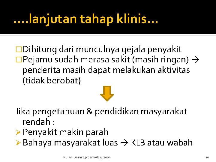…. lanjutan tahap klinis… �Dihitung dari munculnya gejala penyakit �Pejamu sudah merasa sakit (masih …. lanjutan tahap klinis… �Dihitung dari munculnya gejala penyakit �Pejamu sudah merasa sakit (masih