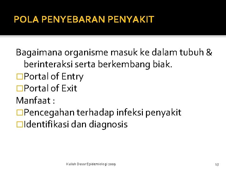 POLA PENYEBARAN PENYAKIT Bagaimana organisme masuk ke dalam tubuh & berinteraksi serta berkembang biak. POLA PENYEBARAN PENYAKIT Bagaimana organisme masuk ke dalam tubuh & berinteraksi serta berkembang biak.