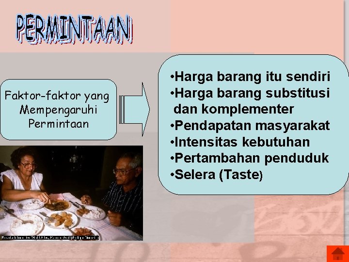 Faktor-faktor yang Mempengaruhi Permintaan • Harga barang itu sendiri • Harga barang substitusi dan
