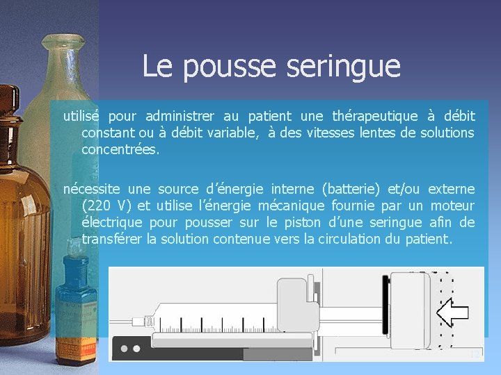 Le pousse seringue utilisé pour administrer au patient une thérapeutique à débit constant ou