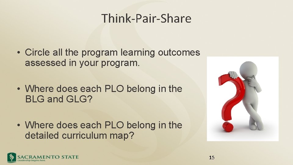 Think-Pair-Share • Circle all the program learning outcomes assessed in your program. • Where