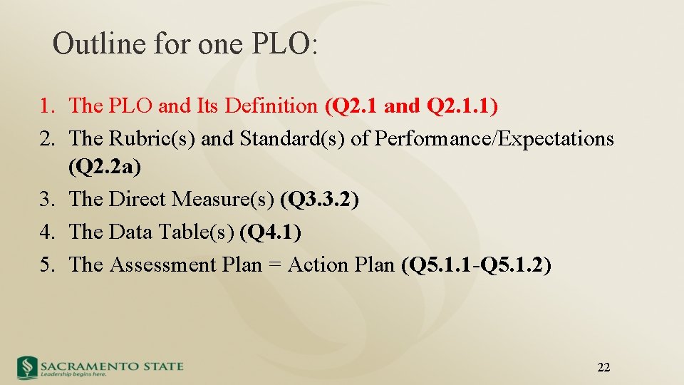 Outline for one PLO: 1. The PLO and Its Definition (Q 2. 1 and