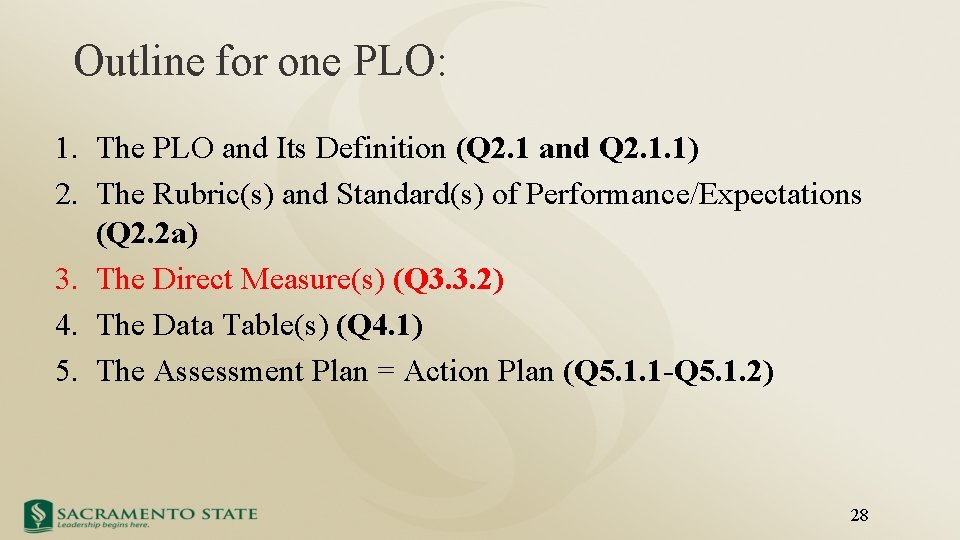 Outline for one PLO: 1. The PLO and Its Definition (Q 2. 1 and
