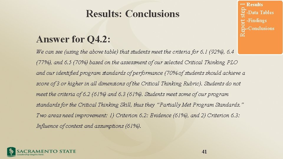 Report step 1 Results: Conclusions Answer for Q 4. 2: Results -Data Tables -Findings