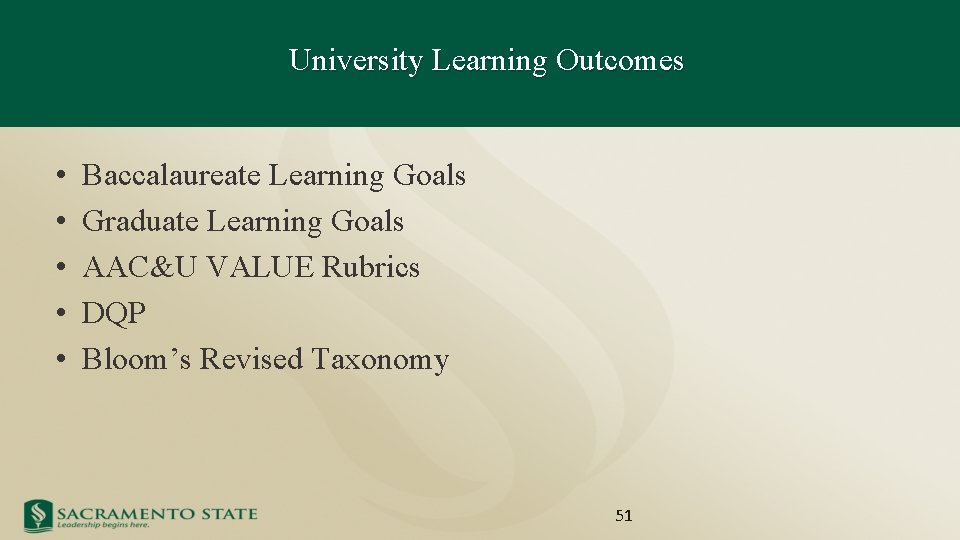 University Learning Outcomes • • • Baccalaureate Learning Goals Graduate Learning Goals AAC&U VALUE