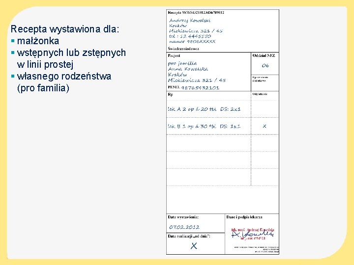 Recepta wystawiona dla: § małżonka § wstępnych lub zstępnych w linii prostej § własnego