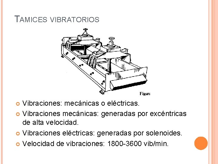 TAMICES VIBRATORIOS Vibraciones: mecánicas o eléctricas. Vibraciones mecánicas: generadas por excéntricas de alta velocidad.