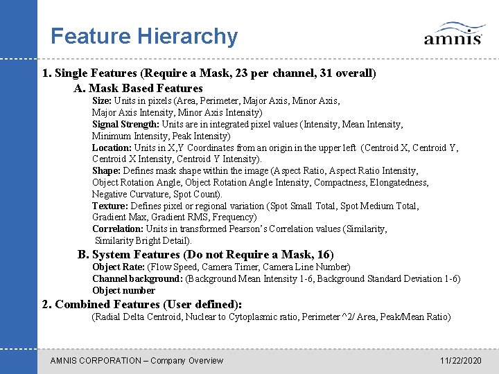 Feature Hierarchy 1. Single Features (Require a Mask, 23 per channel, 31 overall) A.