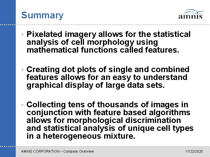 Summary • Pixelated imagery allows for the statistical analysis of cell morphology using mathematical