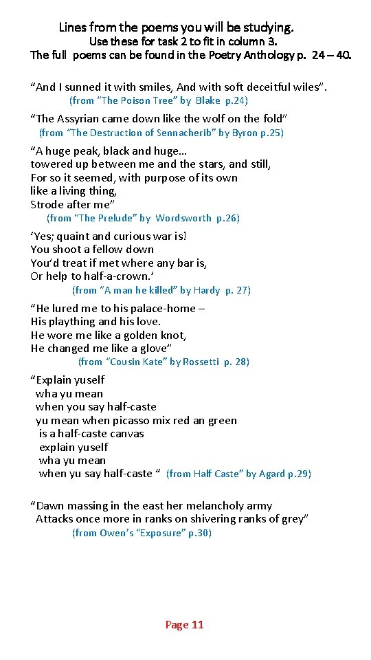 Lines from the poems you will be studying. Use these for task 2 to