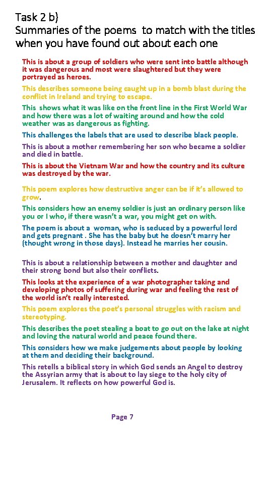 Task 2 b) Summaries of the poems to match with the titles when you