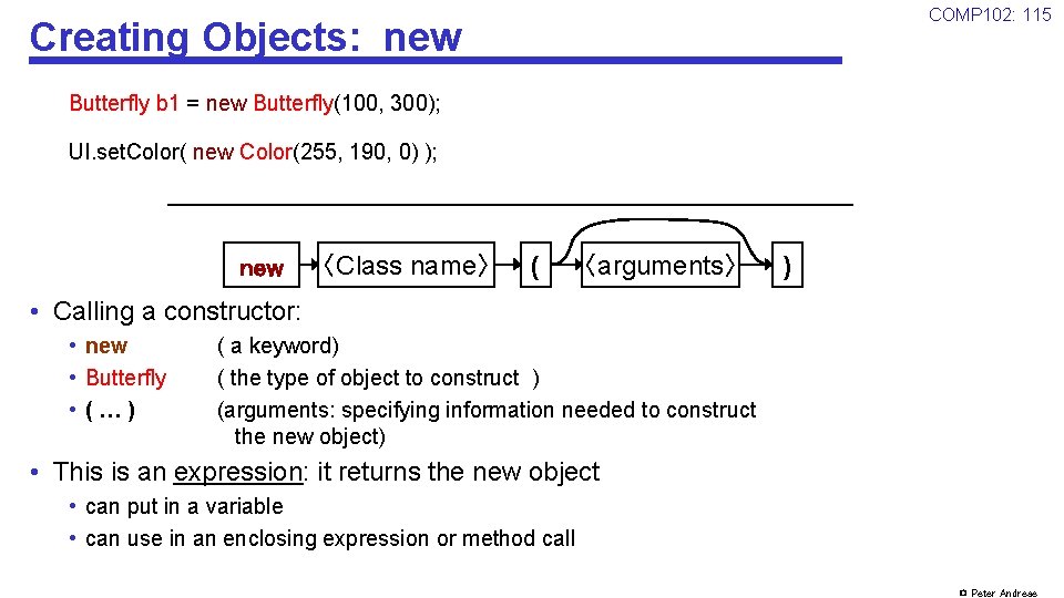 COMP 102: 115 Creating Objects: new Butterfly b 1 = new Butterfly(100, 300); UI.