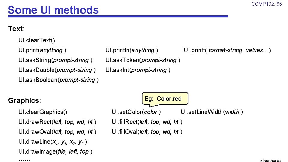 COMP 102: 66 Some UI methods Text: UI. clear. Text() UI. print(anything ) UI.