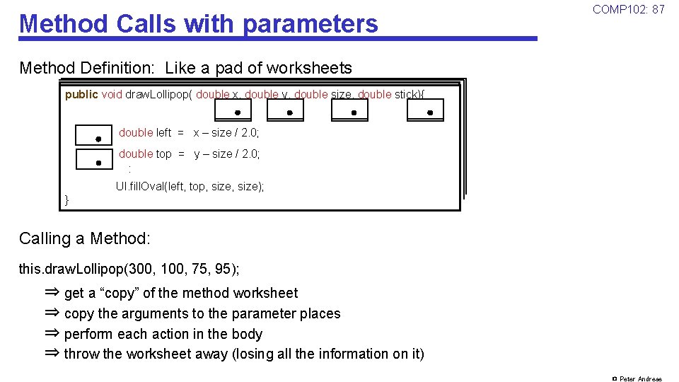 Method Calls with parameters COMP 102: 87 Method Definition: Like a pad of worksheets